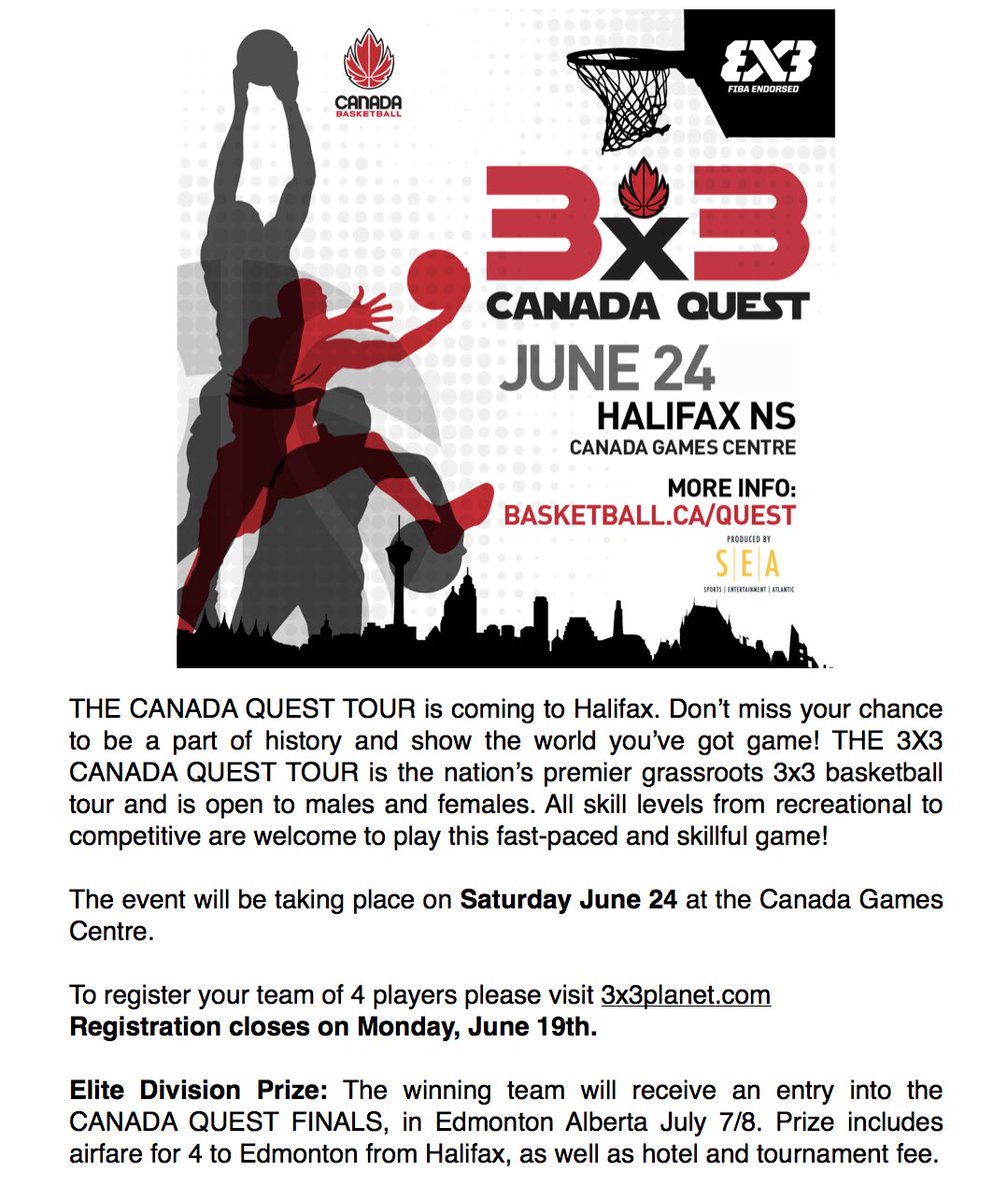 BasketballNS's tweet photo. 3x3 Canada Quest is coming to #Halifax! Register today at https://t.co/30ZTZJqCau! @FIBA @FIBA3x3 @CanBball @ProducedBySEA #3x3CQ 🇨🇦🏀 https://t.co/q4MrMdLZav