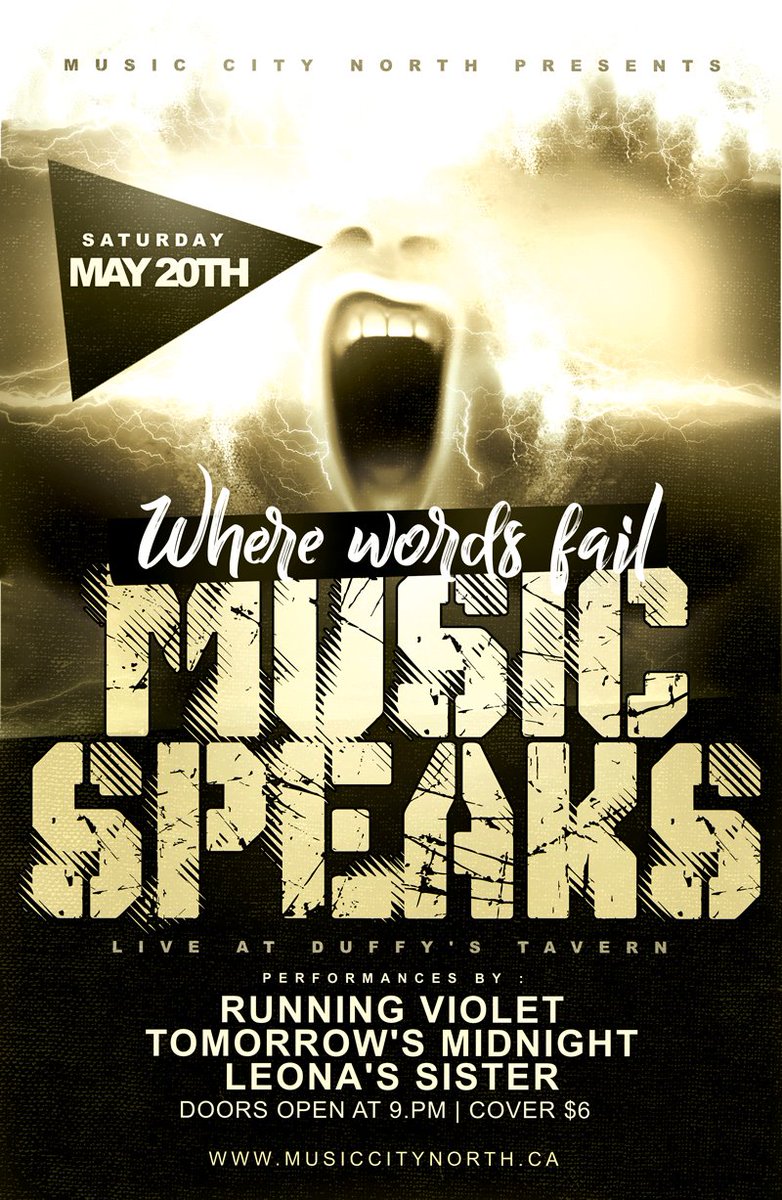 Come on us at <a href="/Duffys_Tavern/">Duffy's Tavern</a> on May 20 with <a href="/running_violet/">Running Violet</a>  &amp; <a href="/tomorrowsmid/">Jordan Sane</a> presented by <a href="/MusicCityN/">MusicCityN</a>  #MCN $6 at the door. 9PM