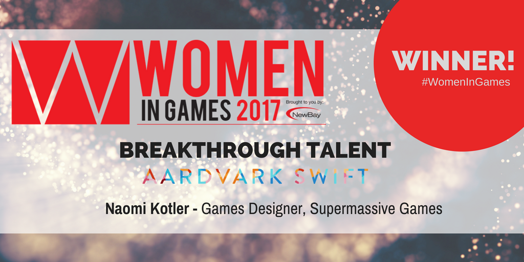 MCV_DEVELOP's tweet photo. The winner of the Breakthrough Talent award sponsored by @AardvarkSwift at #WomenInGames is Naomi Kotler of Supermassive Games! @SuperMGames https://t.co/ohNET9wbmN