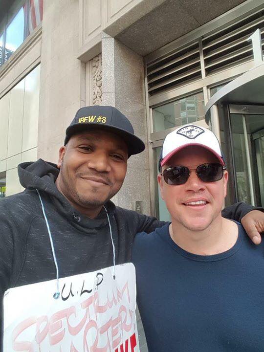 IBEW's tweet photo. Thanks to Matt Damon for standing with @GetSpectrum workers on the picket line #IBEW https://t.co/mLsV3iNXDQ