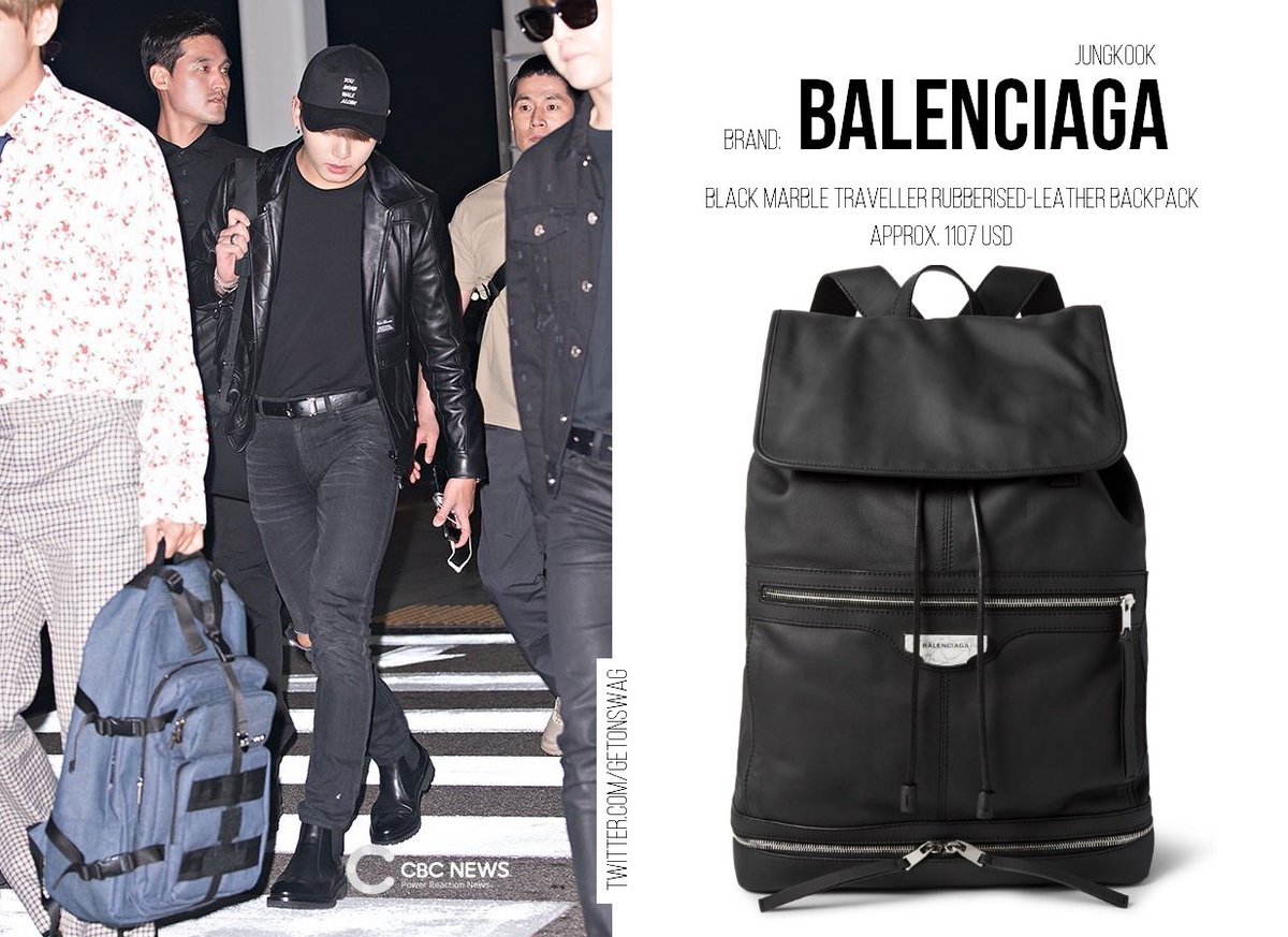 X 上的 Beyond The Style ✼ Alex ✼：「JUNGKOOK #BTS 170519 airport #JUNGKOOK #정국  #방탄소년단 BALENCIAGA Marble Black Traveller Rubberised-leather Backpack 🎁  from hi_springjk  / X