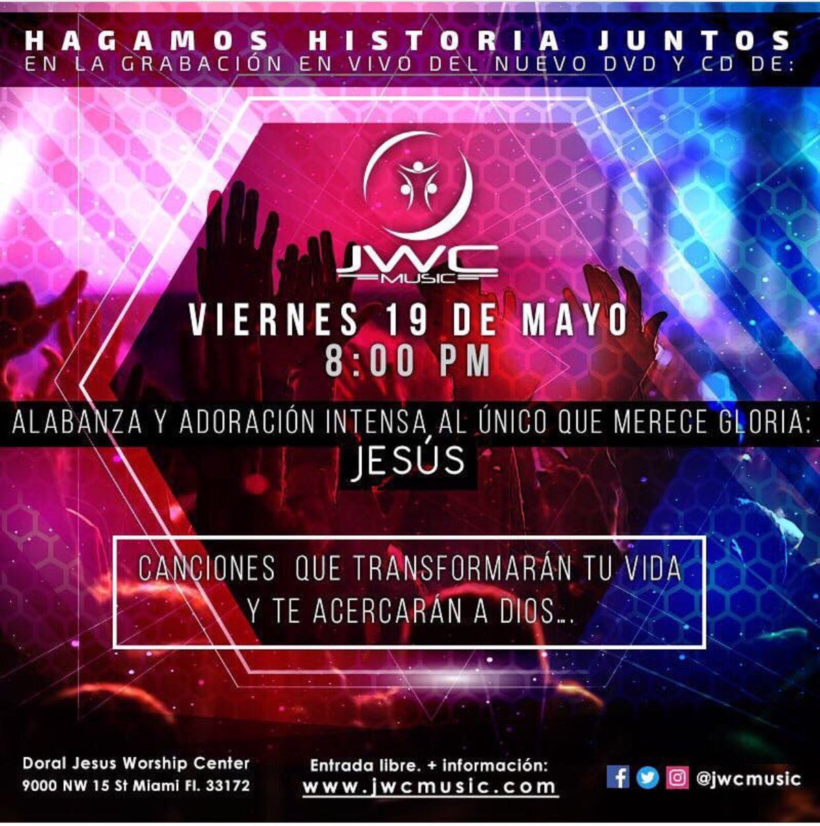 JWCmusic's tweet photo. Les extendemos esta invitación para una noche super especial de adoración a nuestro Dios. ¡No faltes!
#grabaciónenvivo #cdydvd  #jwcmusic https://t.co/NqOkYrWYXw