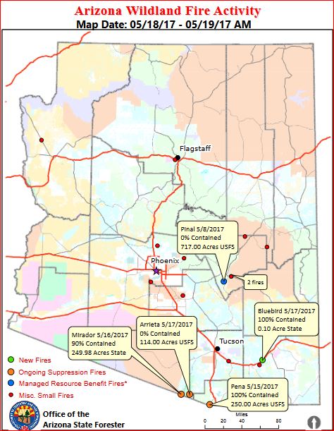 CCFirenIncident's tweet photo. #ArizonaWildlandFireActivity #ArizonaStateForester #AzFire Map Date: 05/18/17 - 05/19/17 AM https://t.co/jxccWRBhAU
