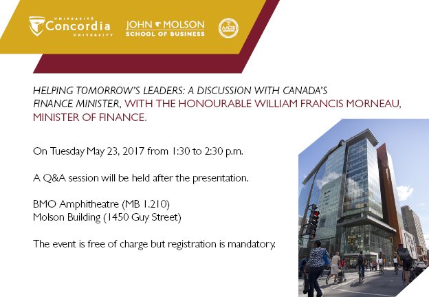 We'll be with <a href="/FinanceCanada/">Finance Canada</a> Hon. W. F. Morneau on May 23! It's free to join us, just register here: bit.ly/2riDl7I 
#Gov #Business