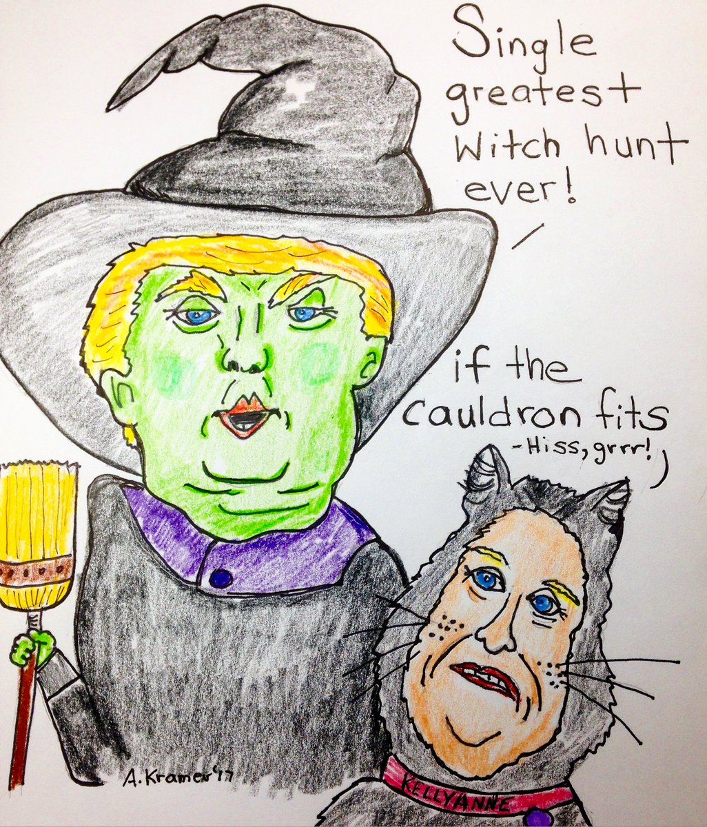 The_Feral_Lady's tweet photo. Witchiepoo Trump and Kellyanne cat #sidekick #politicalcartoon #art #nevertrump #castingaspell @williamlegate https://t.co/zlykHBj9jJ