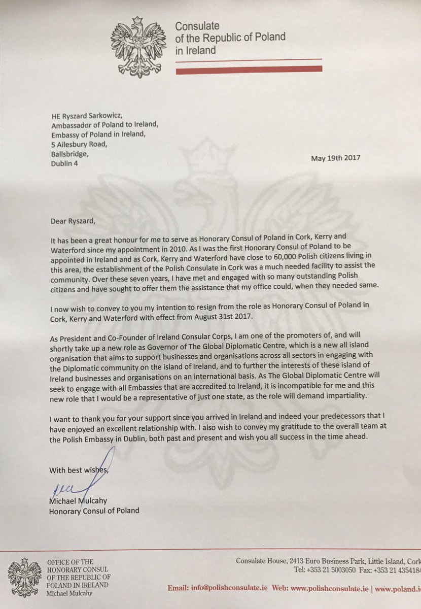 PLinCorkIreland's tweet photo. After 7 years as Honorary Consul of Poland in #Cork #Kerry #Waterford, I have tendered my resignation to the Polish Ambassador in Ireland https://t.co/gGEW15YsUI