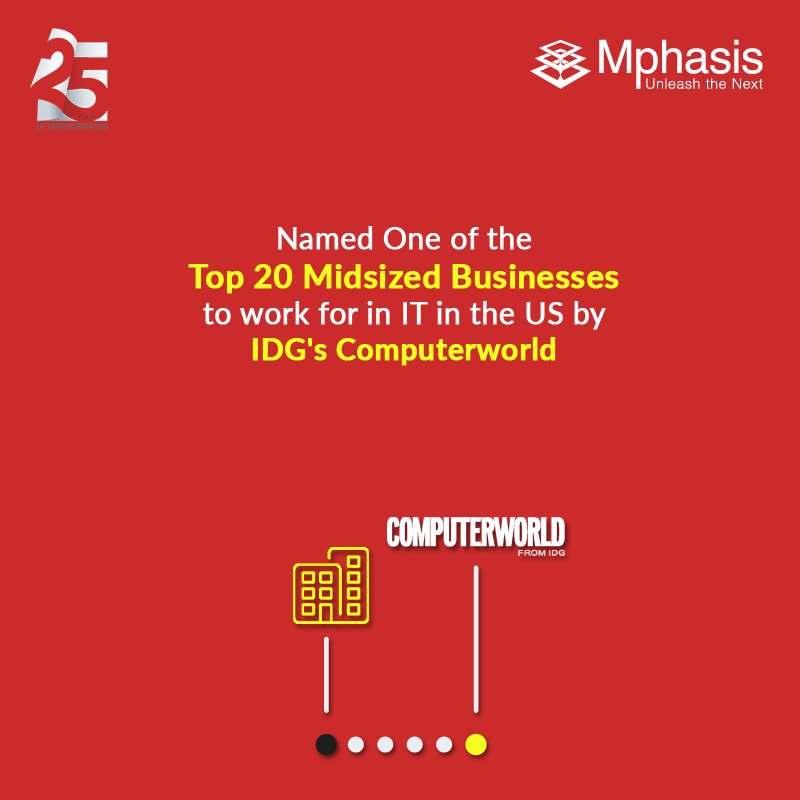 MphasisCareers's tweet photo. #MphasisMilestones Proud to be named by Computerworld among the Top 20 Best Places to Work in IT. #Mphasis25 https://t.co/nyTLu3Nqna