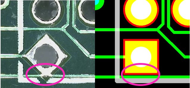 bigjoshlevine's tweet photo. Ever seen this #PCBFAIL? Hardware equivalent of a compiler bug. Pad on PCB is rotated from gerber file, caused a short. So hard to find! https://t.co/n8ZuAtsh2d