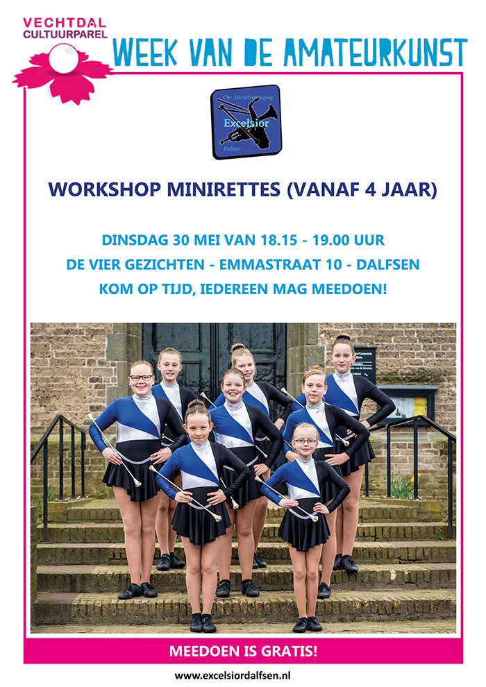 ExcelsiorMuziek's tweet photo. 30 mei Workshop Minirettes voor kinderen vanaf 4 jaar in De Vier Gezichten in Dalfsen. Aanvang: 18.15 uur https://t.co/sySLgeCWq8