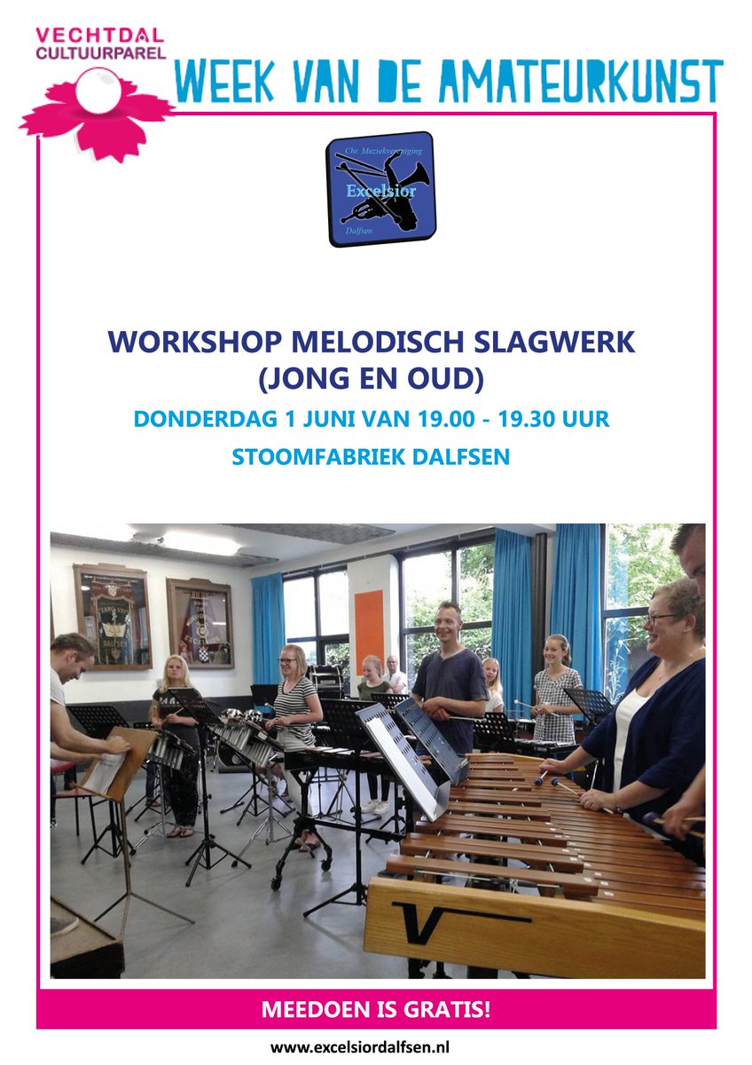 ExcelsiorMuziek's tweet photo. Doe mee met de workshop Melodisch Slagwerk 1 juni om 19.00 uur in Theater de Stoomfabriek. https://t.co/3zrLrhdMF1