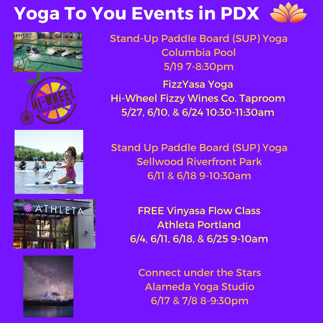YogatoYouPDX's tweet photo. #FreeYoga at @AthletaPortland in June, #yoga + #FizzyWines @HiWheelWines , & #supyoga w/ @NextAdventure_ . We are rocking this #pdxsummer ! https://t.co/XnZ2DD9KDk