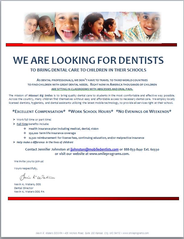 smileprograms's tweet image. The children of Missouri need your help! We need dentists in Metro St Louis, MO jjohnston@mobiledentists.com or 888-833-8442 extension 60330