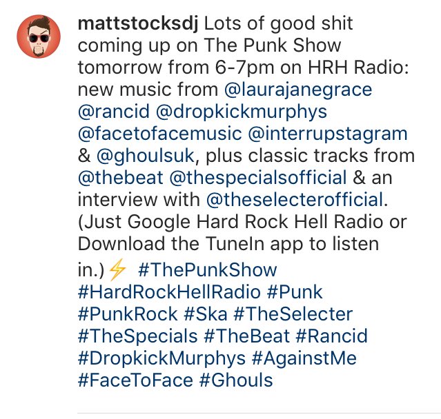 GhoulsUK's tweet photo. That beaut @mattstocksdj is giving a track from 'RUN' a spin tomorrow on @radiohrh #ThePunkShow tomorrow 6-7! Go tune in! https://t.co/K4PSkpB0VQ