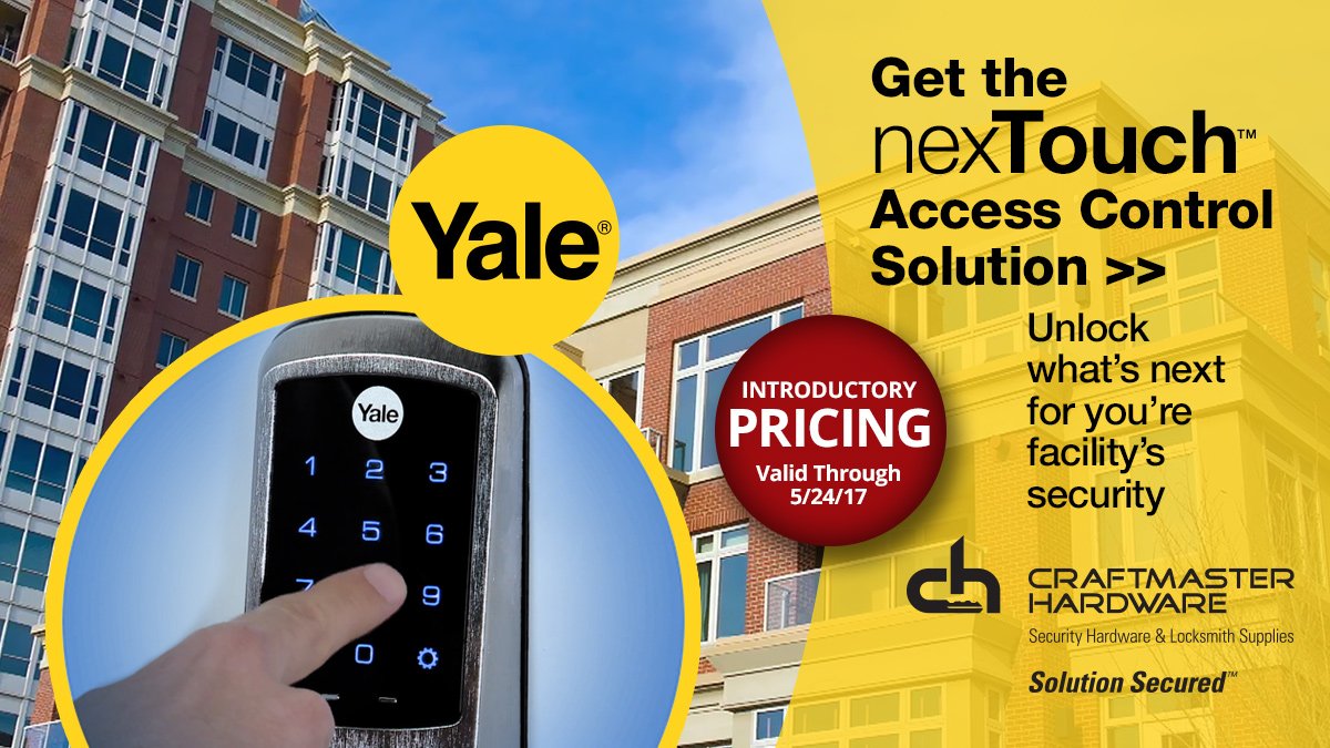CraftmasterHard's tweet photo. New @YaleLocks #nexTouch #Keypad Access #DoorLock for #SmallBiz, #Special Introductory #Offer Valid Thru 05.24.2017 https://t.co/emt6qslCiE https://t.co/j1ftYWq8hq