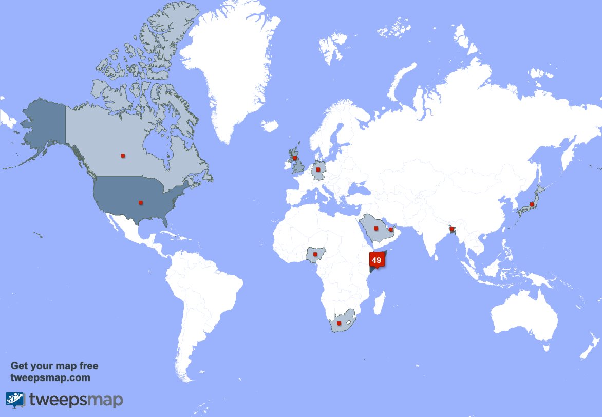 EngAidid's tweet image. My followers live in Somalia (47%), USA(13%)... Get your free map: tweepsmap.com/!caydiid200