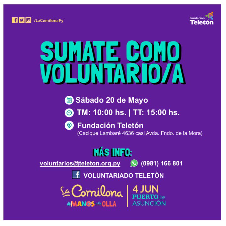 TeletonParaguay's tweet photo. ¿Te gustaría ser voluntario en @LaComilonaPy? ¡Te esperamos mañana! #ManosAlaOlla https://t.co/t55G1atV1z