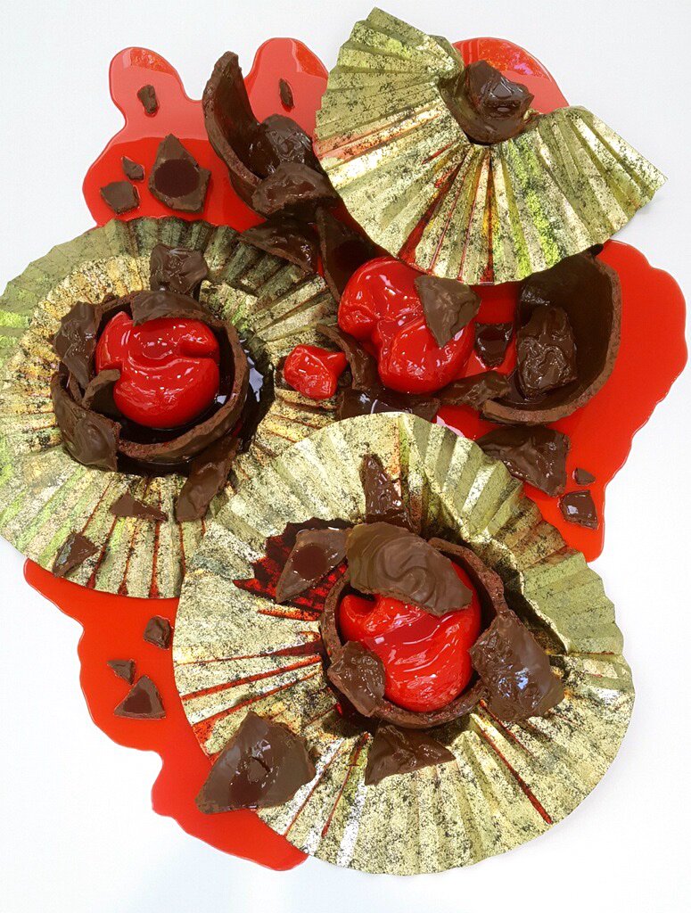 UNIXGallery's tweet image. SUGATARIUM just got a little messier with #PeterAnton&apos;s newest splattered treat🍒 Sugar Madness - Cherry Cordial - Mixed Media - 62x50x10 in