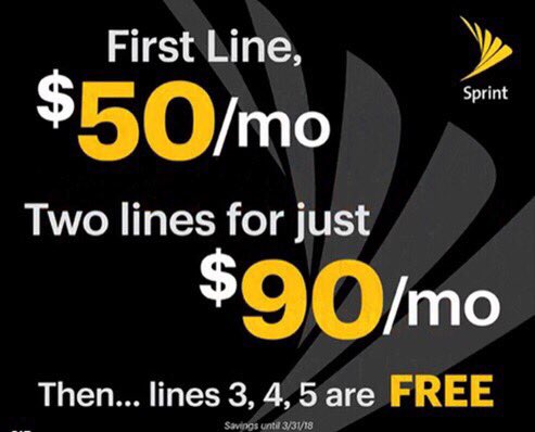 BrentSenneff's tweet photo. It's back! 5 lines UNLIMITED for only $90 per month! Drop by the Sprint store located inside the Aurora mall. @phncntking @RealMileHighKiD https://t.co/a9vE2gQ3wM