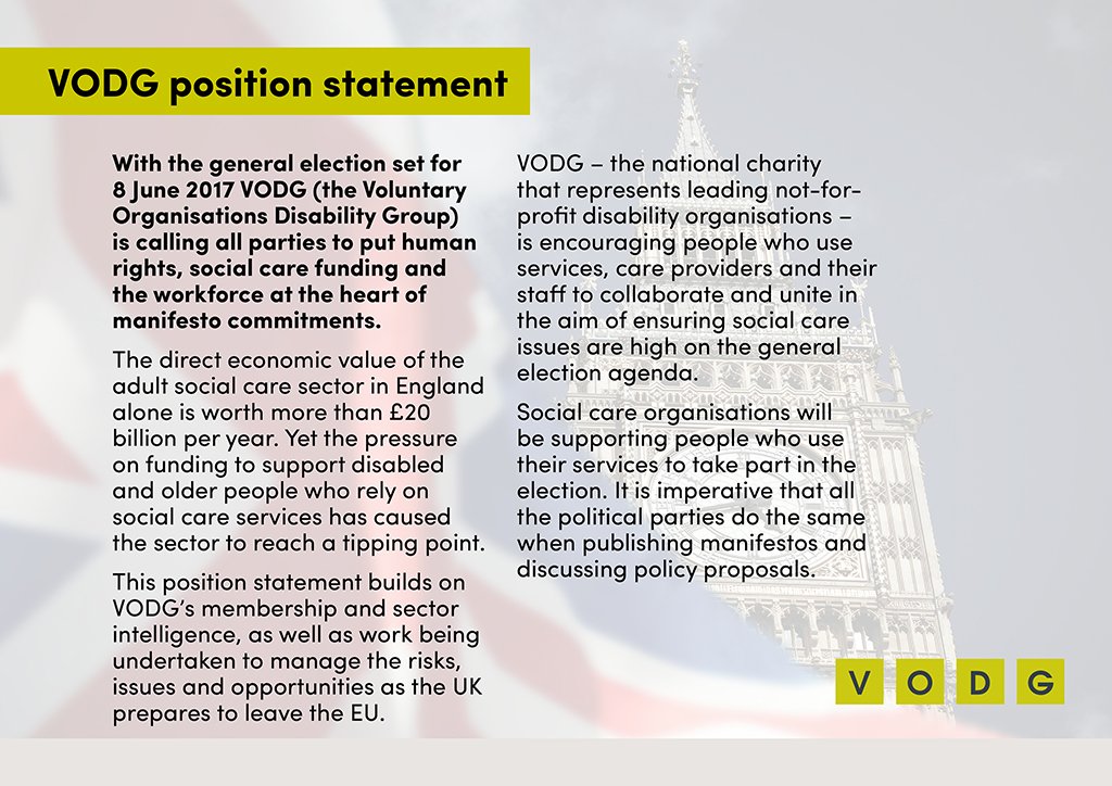VODGmembership's tweet photo. Put #humanrights, #socialcare funding &amp; workforce at the heart of #GeneralElection2017 commitments https://t.co/JzjCMOKhmO
#GE2017 https://t.co/iTkjSGAAHs