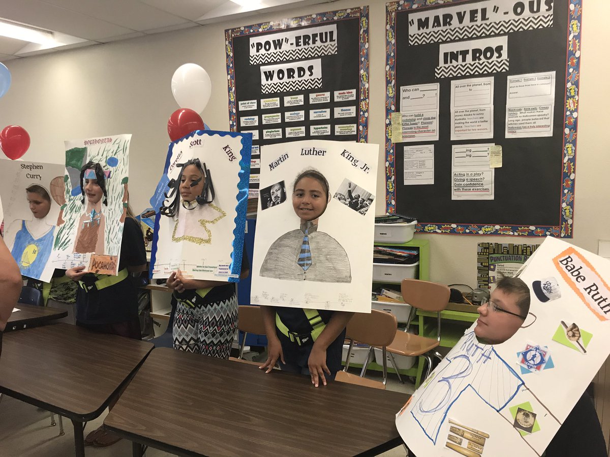 SocialStudiesCC's tweet photo. Very creative way to make biographies fun @RockCrusher814. 5th graders shared facts about an influential person of their choice. #SSinCC https://t.co/0bHUt8zg4m