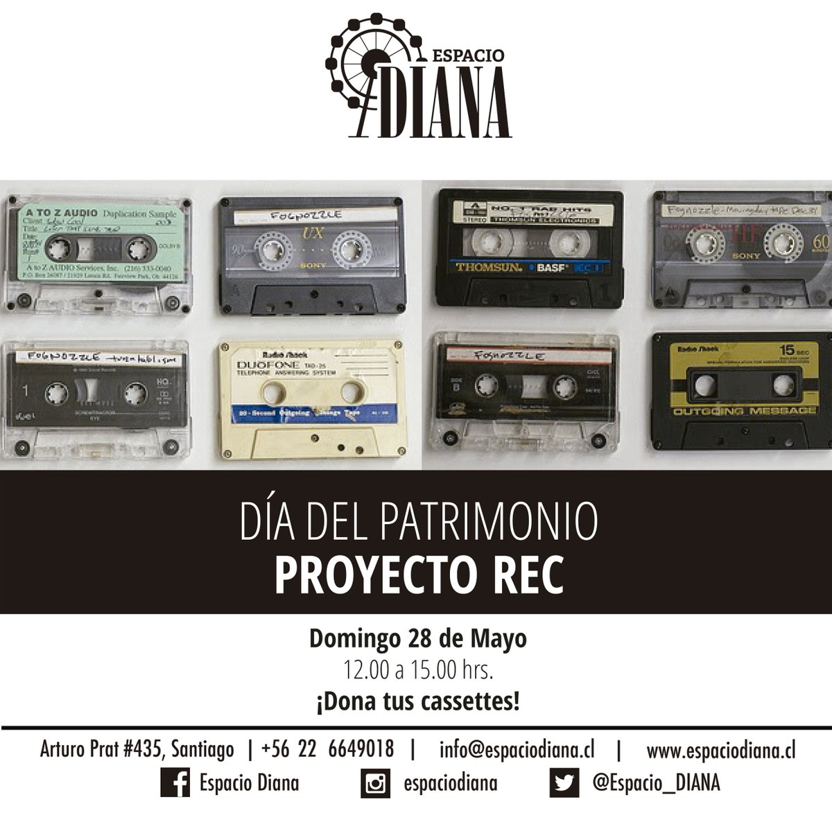 Espacio_DIANA's tweet photo. [PROYECTO REC]

En el Día del Patrimonio, te invitamos a donar tus cassettes para #ProyectoRec
Domingo 28 de Mayo, de 12:00 a 15:00 hrs. https://t.co/xc2ZqmqRGx