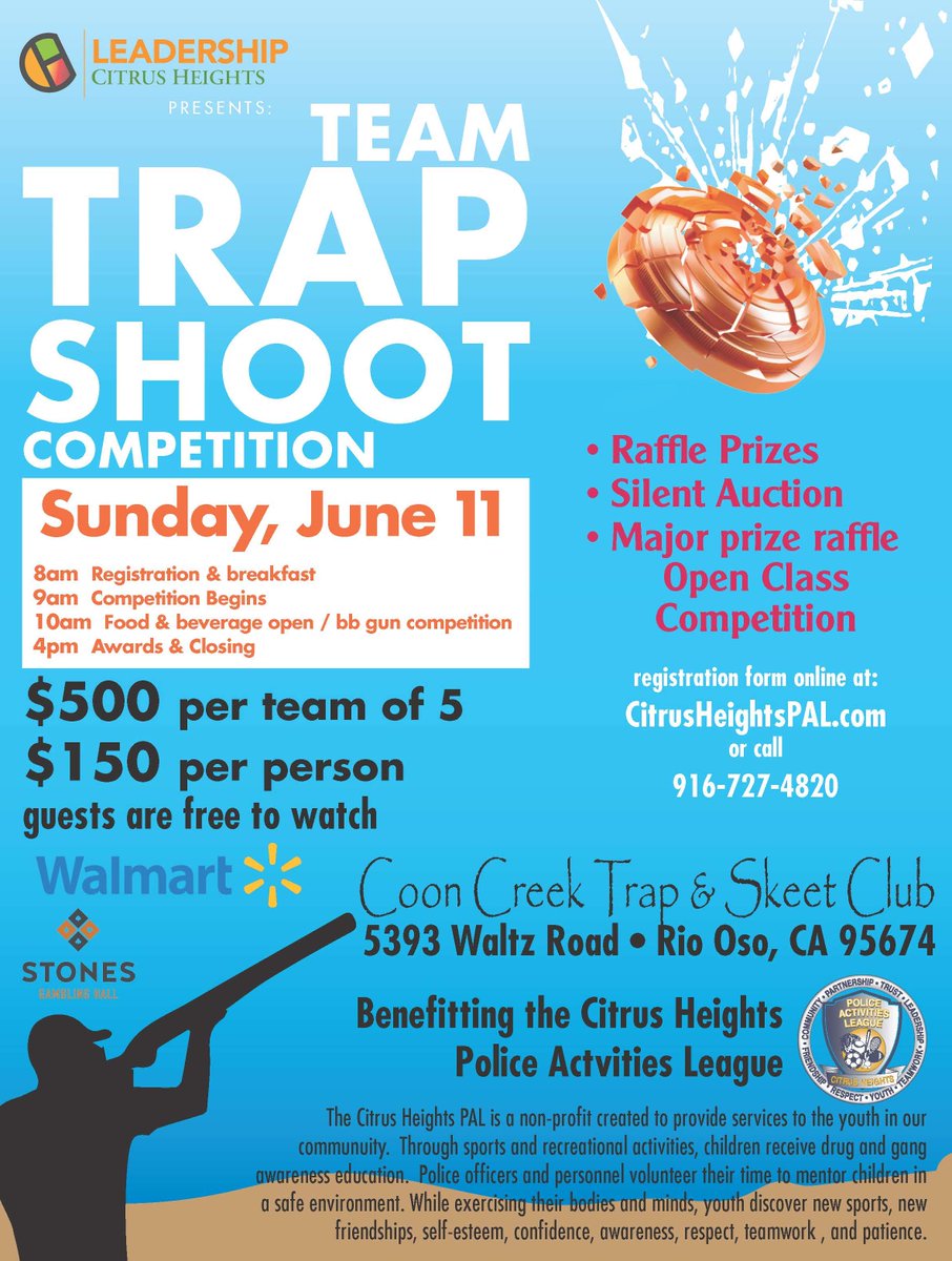 Like 2 trap shoot &amp; raise $ 4 good causes? If so don't miss <a href="/CHeightsChamber/">CitrusHeightsChamber</a> Leadership fundraiser 4 <a href="/CityofCHPAL/">Citrus Heights PAL</a> Sign up now!