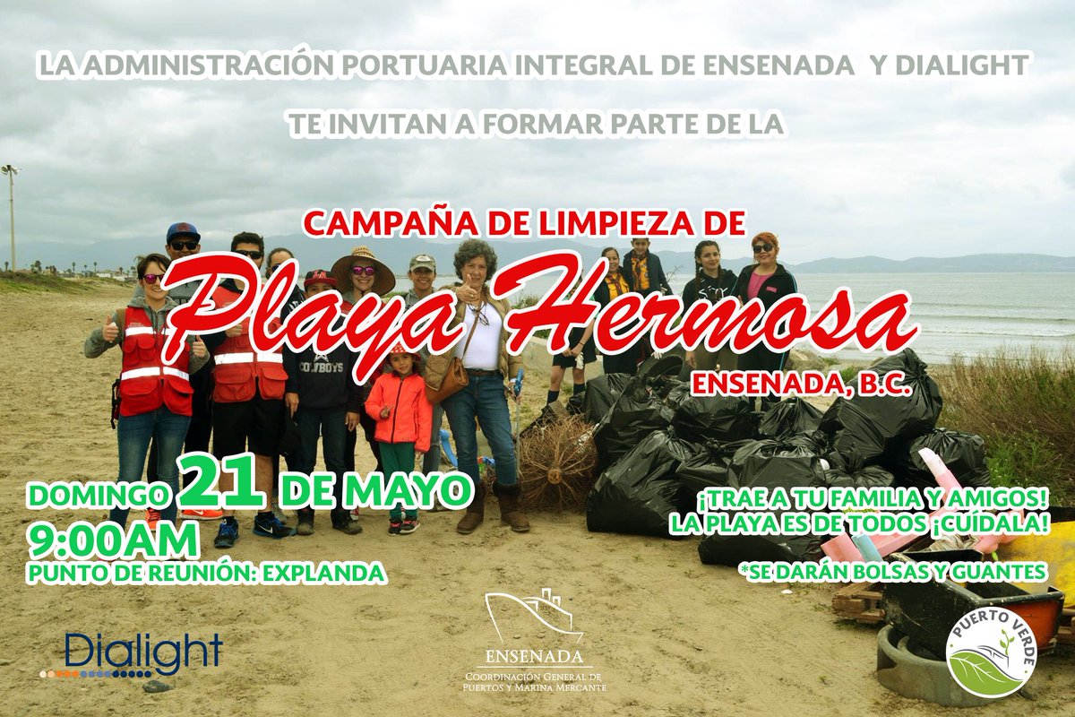 Próximo domingo 21 de mayo a las 9:00 am será la Campaña de Limpieza de Playa Hermosa 🌊🌴

😉 #PlayasLimpias #PuertodeEnsenada #PuertoVerde