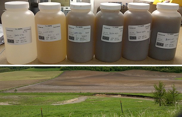 MnPCA's tweet photo. Why we need buffers! Samples from Pine Creek in SE MN taken May 18 by MPCA staff doing stressor ID work. L/R upstream/downstream. @MnPCA https://t.co/7oCBIipTyG