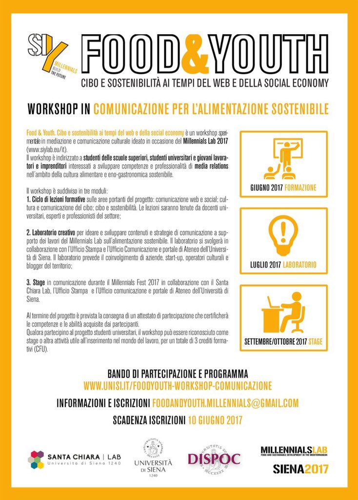 unisiena's tweet photo. "Food&amp;Youth". Workshop in #comunicazione per l'#alimentazione sostenibile.
Scadenza: 10/6. Posti disponibili: 20. https://t.co/RseBmkeMWO https://t.co/tgzclHWwyz
