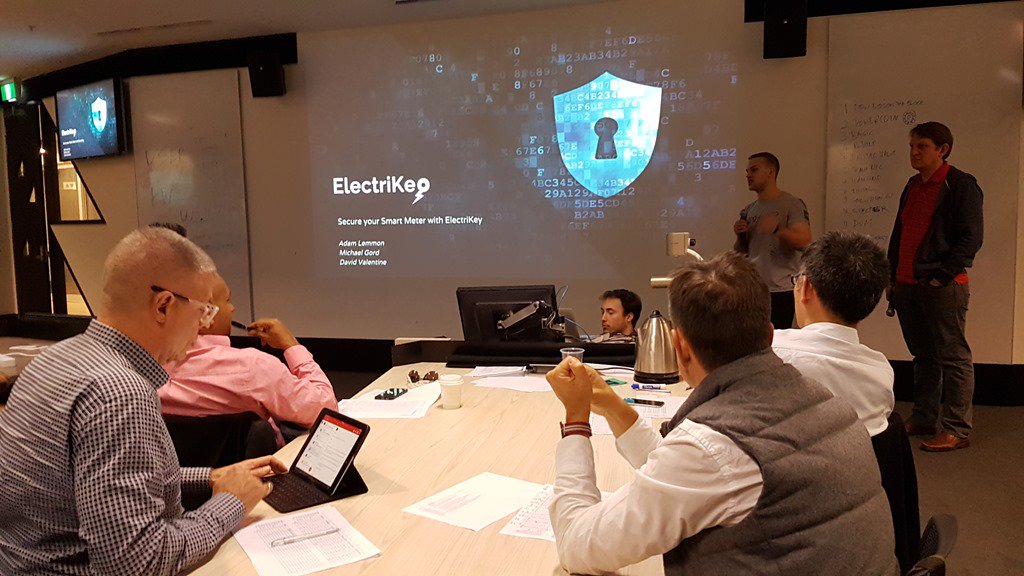 adamjlemmon's tweet photo. #RegHackDownUnder pitch! Just in time development at its best here. ElectriKey - enabling smart meter security and regulation! @BitGord https://t.co/OJPtdxkzn4