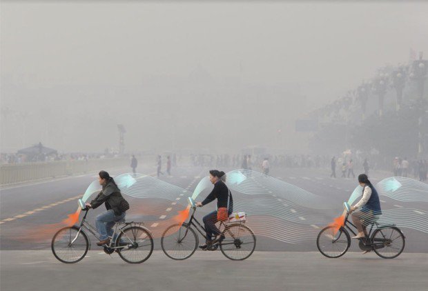 CityLab's tweet photo. These bikes eat smog, filtering polluted air as their riders pedal through it https://t.co/YnQvUbLTqr https://t.co/PFWeObKdMx