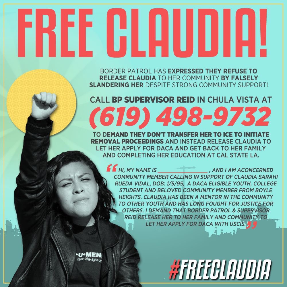 CIYJA's tweet photo. Updated graphic with new number.
Please make a call @CustomsBorder @CBPSanDiego supervisor Reid. #FreeClaudia https://t.co/bQRTpj6pl6