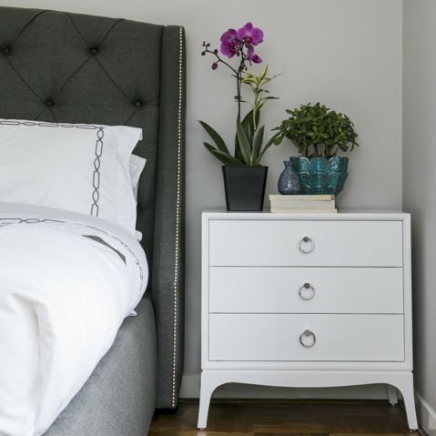 Clean, assertive geometry of the Fiona Nightstand from <a href="/redfordhouse/">Redford House</a> adds the finishing touch to this bedroom - ow.ly/VS5u30bMhN1