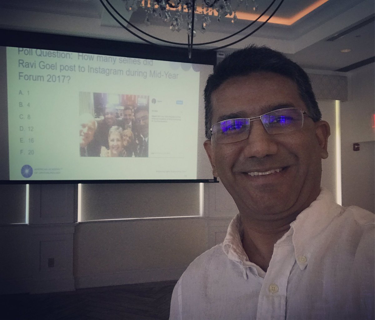 RaviGoelMD's tweet photo. American Academy of #Ophthalmology Director Communications @asoglin, "How many selfies did Ravi Goel post at #myf2017 ?" @aao_ophth retreat https://t.co/ObSnjcwLQf