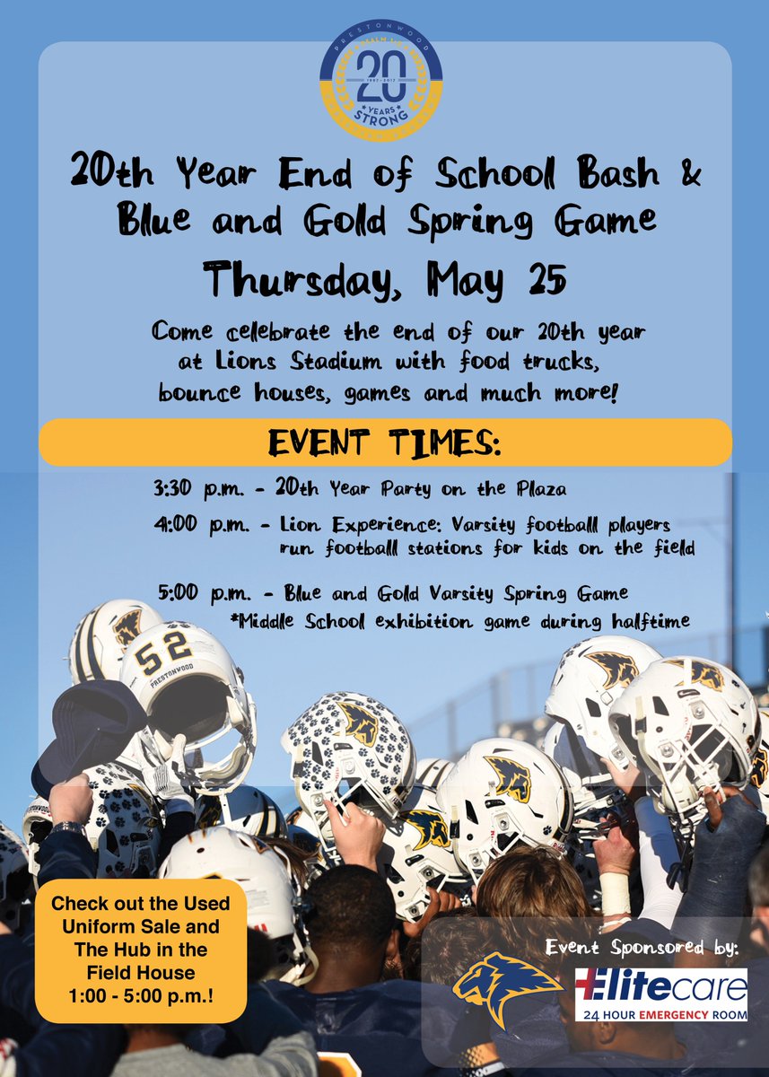 PrestonwoodPCA's tweet photo. Join us Thursday for End of 20th Year Celebration! Food trucks, bounce houses, face painting, dunking booth &amp; football!  #20YearsStrong https://t.co/o8DG4mH8Jv