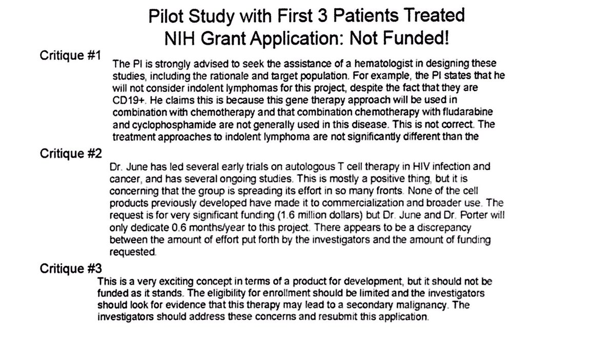 Fantastic. Carl June <a href="/PennCancer/">Penn Medicine - Abramson Cancer Center</a> showing pink sheet critiques of 1st rejected CAR-T <a href="/NIH/">NIH</a> grant. Don't fear rejection of novel ideas!