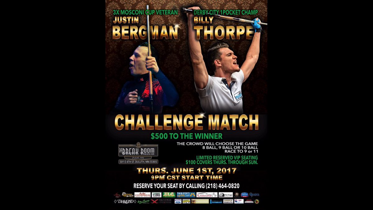 BreakRoomDuluth's tweet photo. HOT OFF THE PRESS! SPREAD THE WORD!

3X MOSCONI CUP VETERAN VS. DERBY CITY 1POCKET CHAMPION.

Thurs. June 1st, 2017
https://t.co/ze8w2aYVHC https://t.co/AuaiUFoRpR