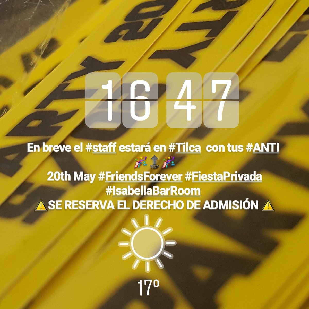 IsabellaBarRoom's tweet photo. En breve el #Staff estará en #Tilca con tus #ANTI
🎉🔝🎉
#FriendsForever #FiestaPrivada
#IsabellaBarRoom
☡SE RESERVA EL DERECHO DE ADMISIÓN☡ https://t.co/GOCKpkBob6