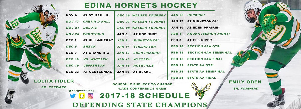 The #Edina 🐝🏒2017-18 Schedule is out!! 
The Hornets begin next year against @StPaulUnitedHky!

See you at Braemar Arena 💚