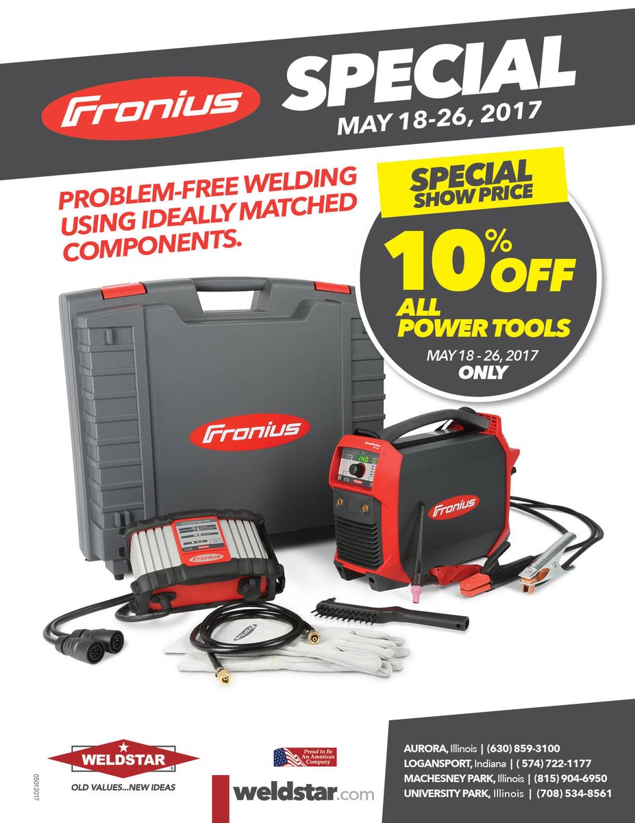 WeldstarCo's tweet photo. 10% Off ALL Fronius Power Tools! Now thru May 26 ONLY! Don't wait!  #weldstar @weldfroniususa https://t.co/yzg5skaEmZ https://t.co/s6vdLP3nXO