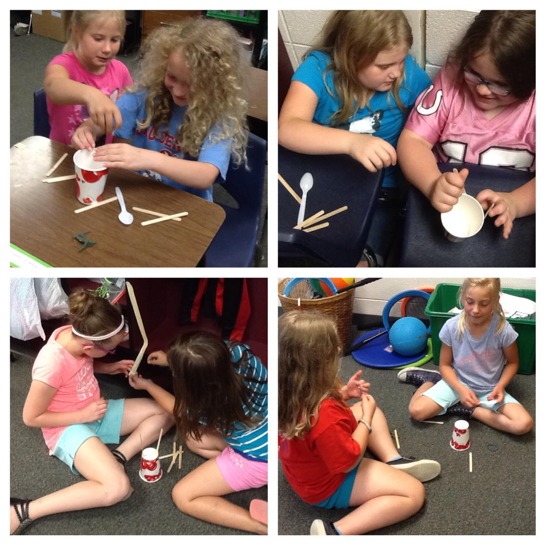 MrsBrownJCD's tweet photo. STEM: using a cup, six craft sticks, a spoon, two rubber bands, and two feet of tape. #designprotocol #trial tests https://t.co/meqf1IMpYK