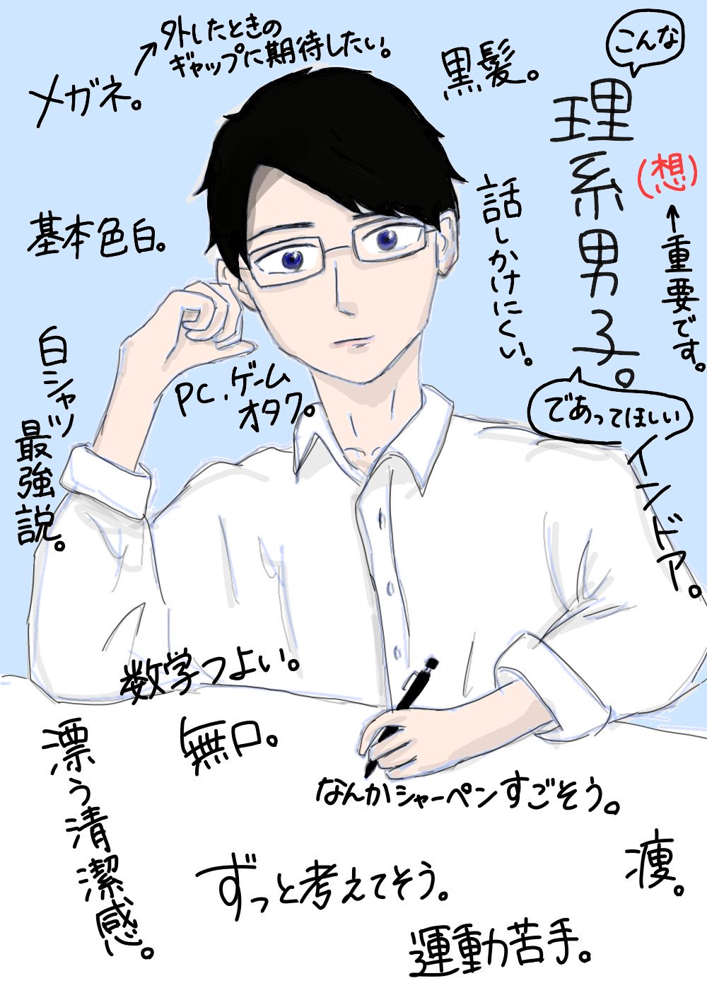 はなまる 理系男子っぽいものかきました こうであってほしいっていう自己満足です 雑です 手とか特に終わってます 理系男子はやっぱり眼鏡かけといてほしいなそして外した時のギャップな 初投稿 イラスト初心者 お絵描きさんと繋がりたい T Co