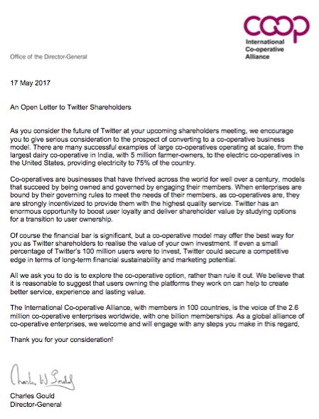 The #cooperative sector offers to support Twitter if shareholders agree Monday to explore user ownership #BuyTwitter #WeAreTwitter #coops