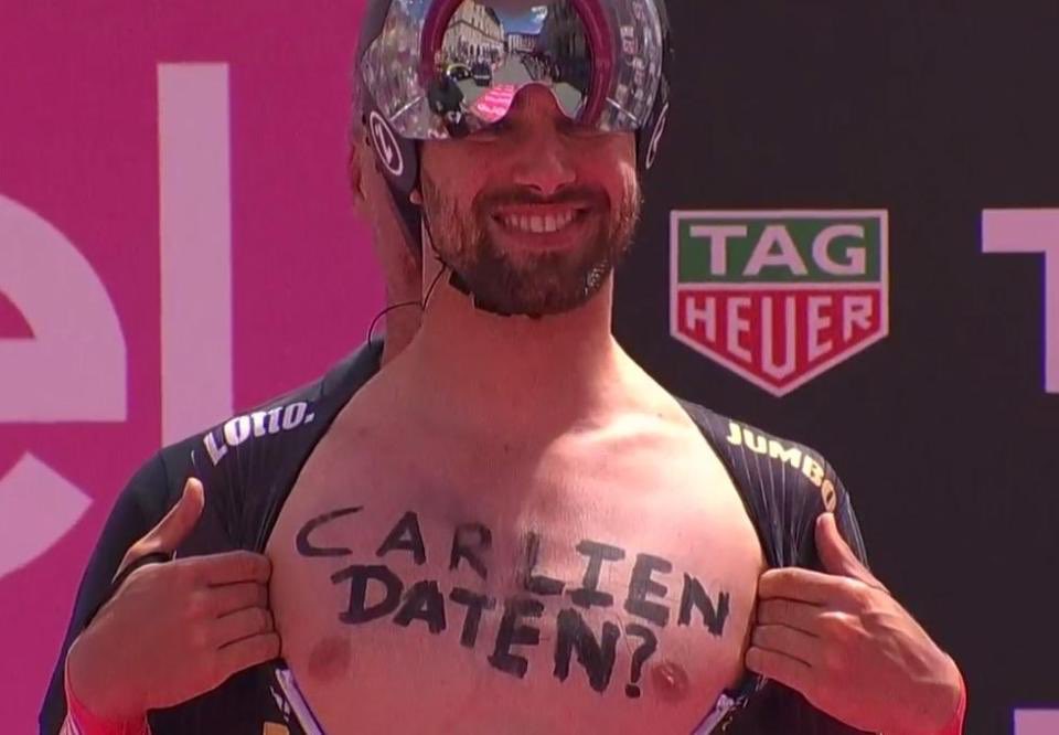 KathrynBertine's tweet photo. UCI fines Campenaerts €100 for asking woman out, citing "Bad for cycling's image." But decorative podium girls ok! Thx for mansplaining, UCI https://t.co/SBGeY50N5f