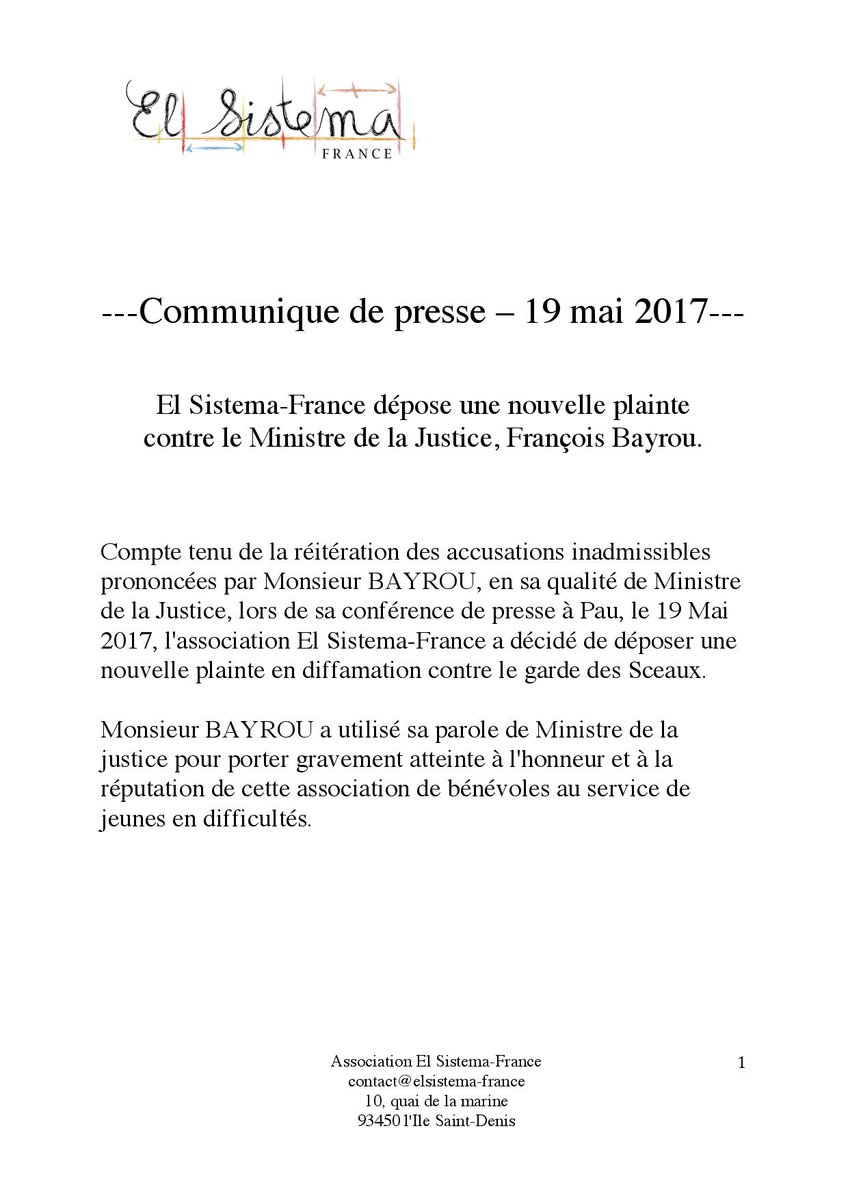 El Sistema-France dépose une nouvelle plainte contre le Ministre de la Justice, François Bayrou.