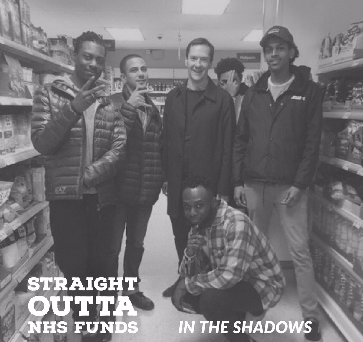 cacman's tweet photo. @TheLastLeg #GeorgeOsband "Staright outta NHS funds" complete with album cover!! #poshtwattryingtolooknormal #nevershoppedinahappyshopper https://t.co/xjOJ3Z1KTv