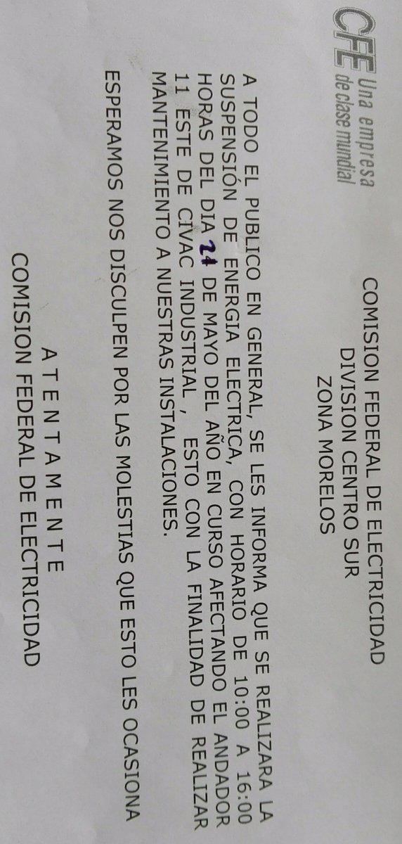 1003_xose's tweet photo. @CFE_Ctro_Sur Hola, recibimos hoy un comunicado de corte de energia, es real? Es official? https://t.co/6LlGUDC7jD