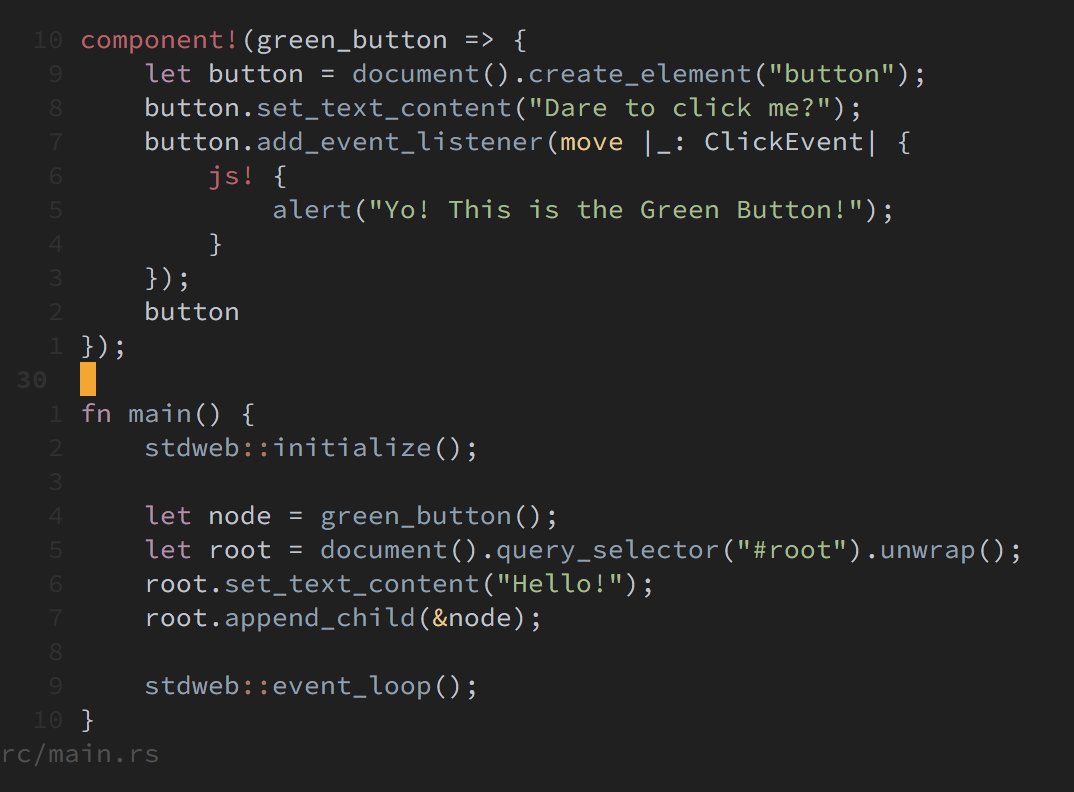 huytd189's tweet image. Now I can write component-based web apps in @rustlang. Who need @reactjs any more 😜 #rustlang #stdweb #asmjs