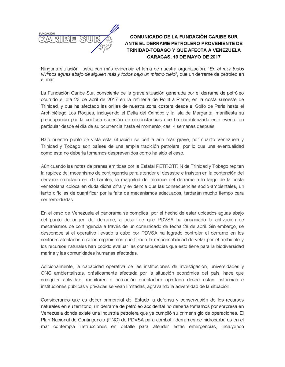 CaribeSurOrg's tweet photo. Comunicado de la Fundación Caribe Sur ante el derrame petrolero proveniente de Trinidad-Tobago y que afecta a Venezuela 19-5-2017 https://t.co/jIsb8I99tl