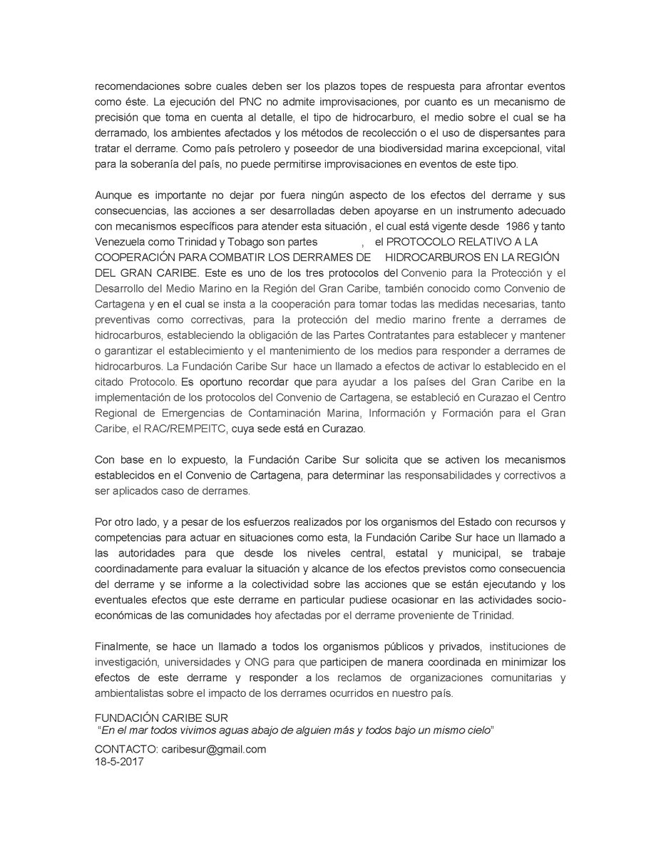CaribeSurOrg's tweet photo. Comunicado de la Fundación Caribe Sur ante el derrame petrolero proveniente de Trinidad-Tobago y que afecta a Venezuela 19-5-2017 https://t.co/jIsb8I99tl